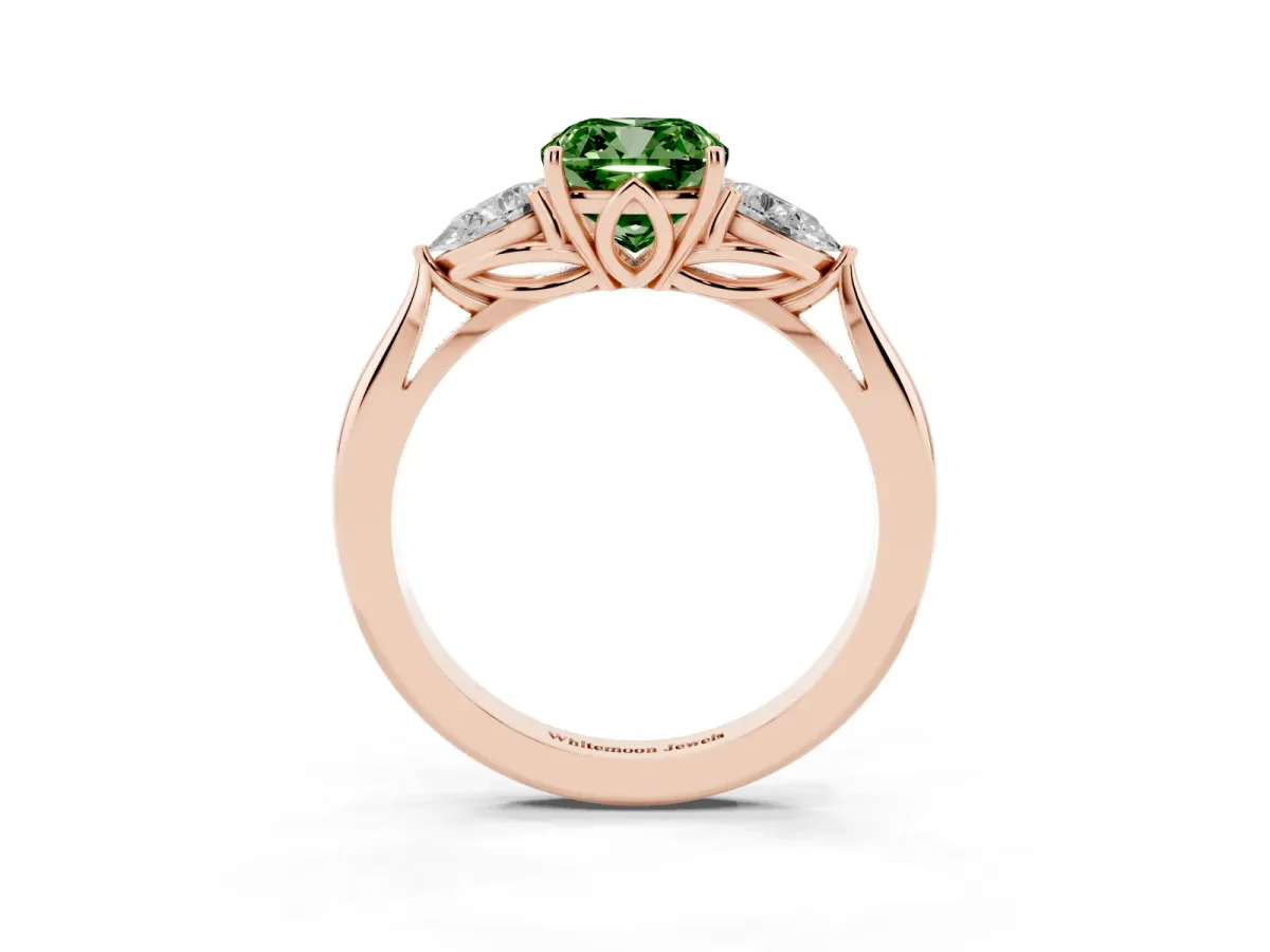Fancy Green Three-Stone Cushion Cut Diamond Ring with Pear Side Stones in Four-Prong Setting Rose gold