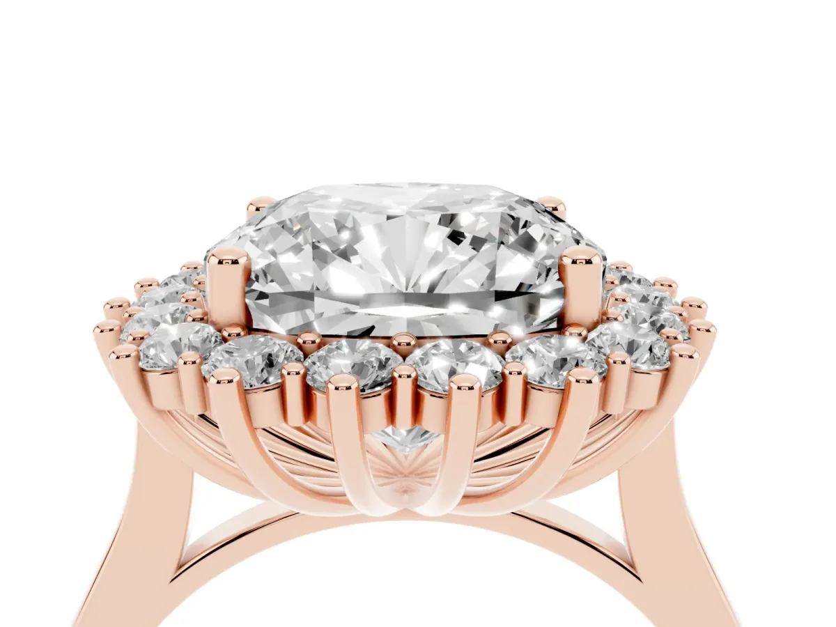 Cushion Diamond Halo Engagement Ring with Round Diamond Accents Rose gold