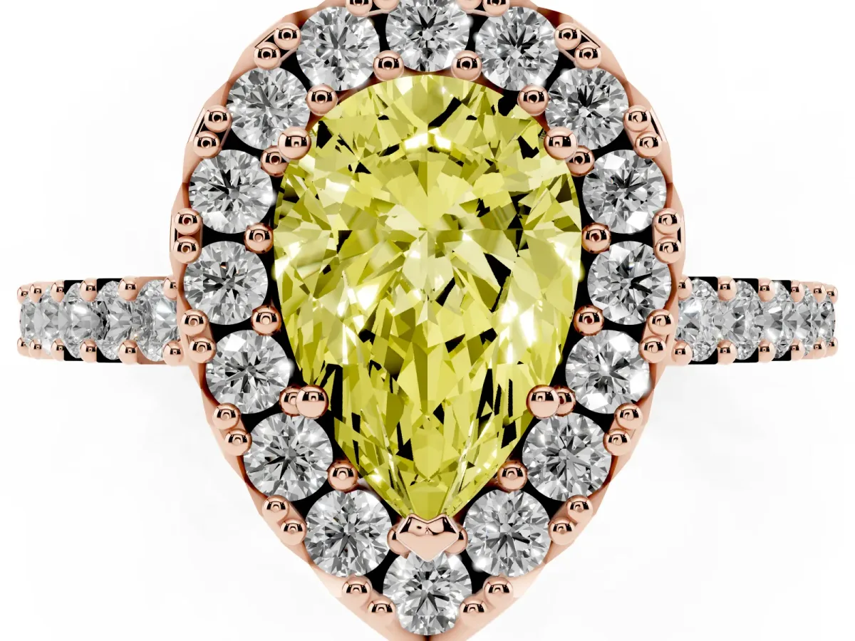 Fancy Yellow Pear Cut Halo Diamond Pavé Solitaire Ring Rose gold
