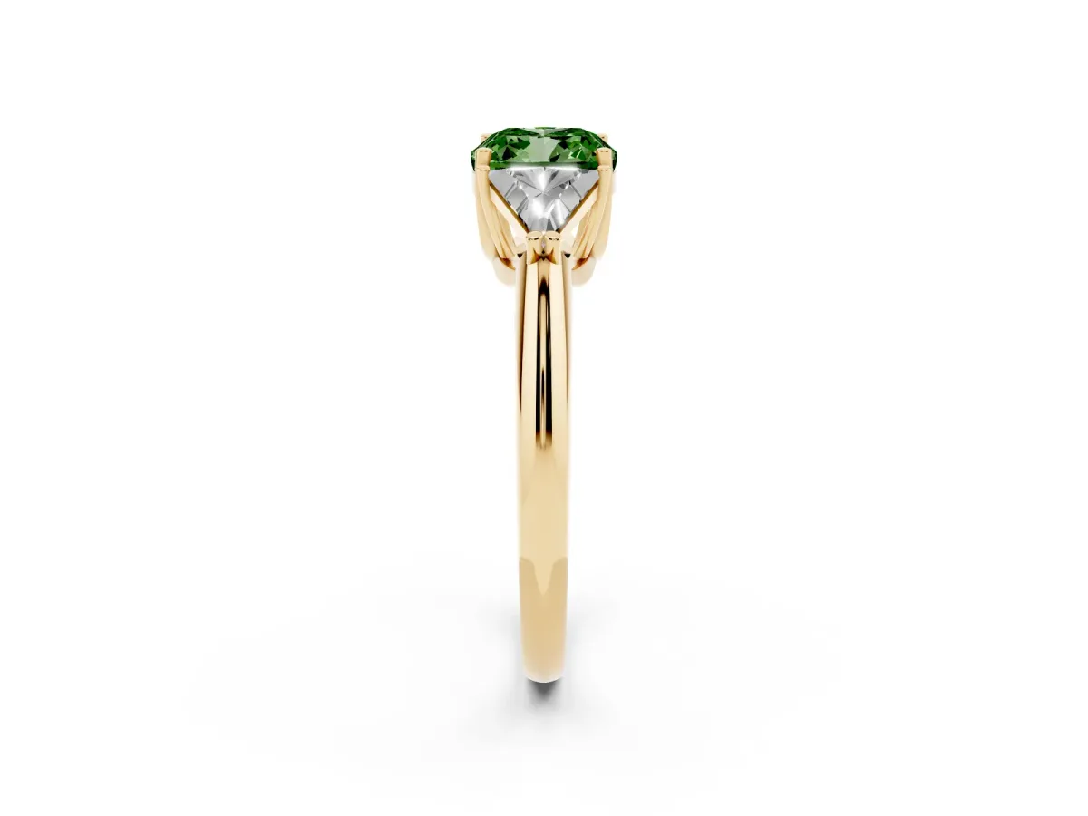 Fancy Green Three-Stone Cushion Cut Diamond Engagement Ring with Trillion Side Stones and Prong Setting Yellow gold