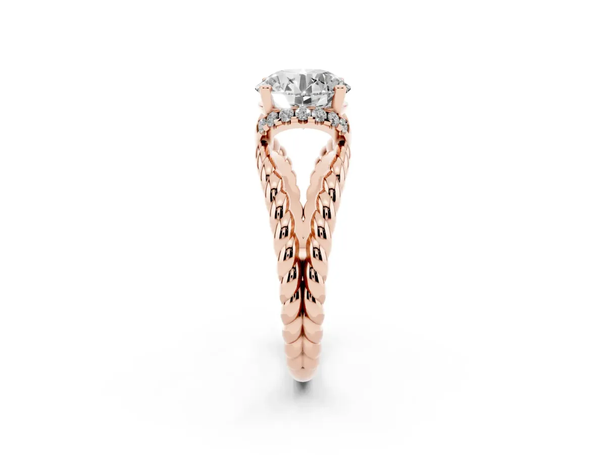 Round Cut Halo Twisted Band Four-Prong Ring Rose gold