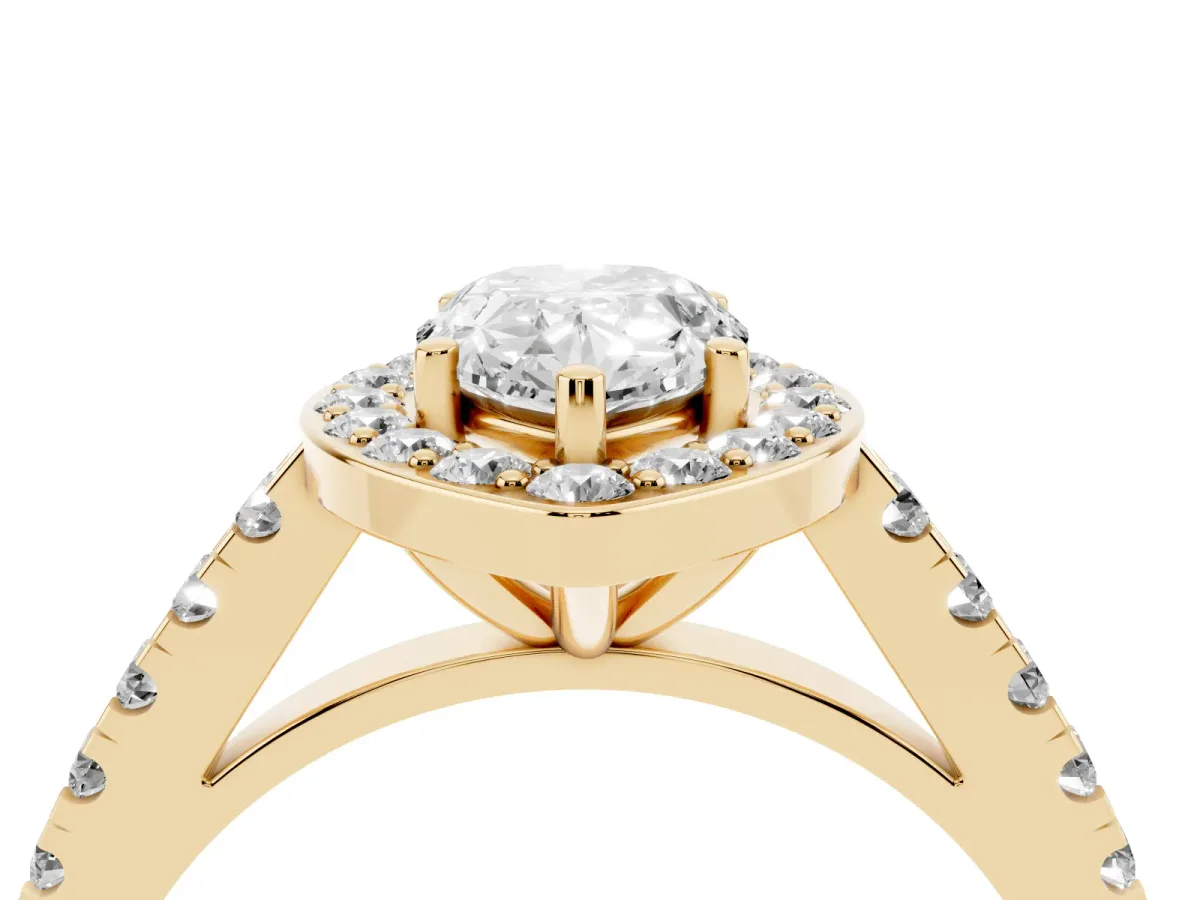 Pear Cut Diamond Halo Ring with Round Pavé Split Shank and Prong Setting Yellow gold
