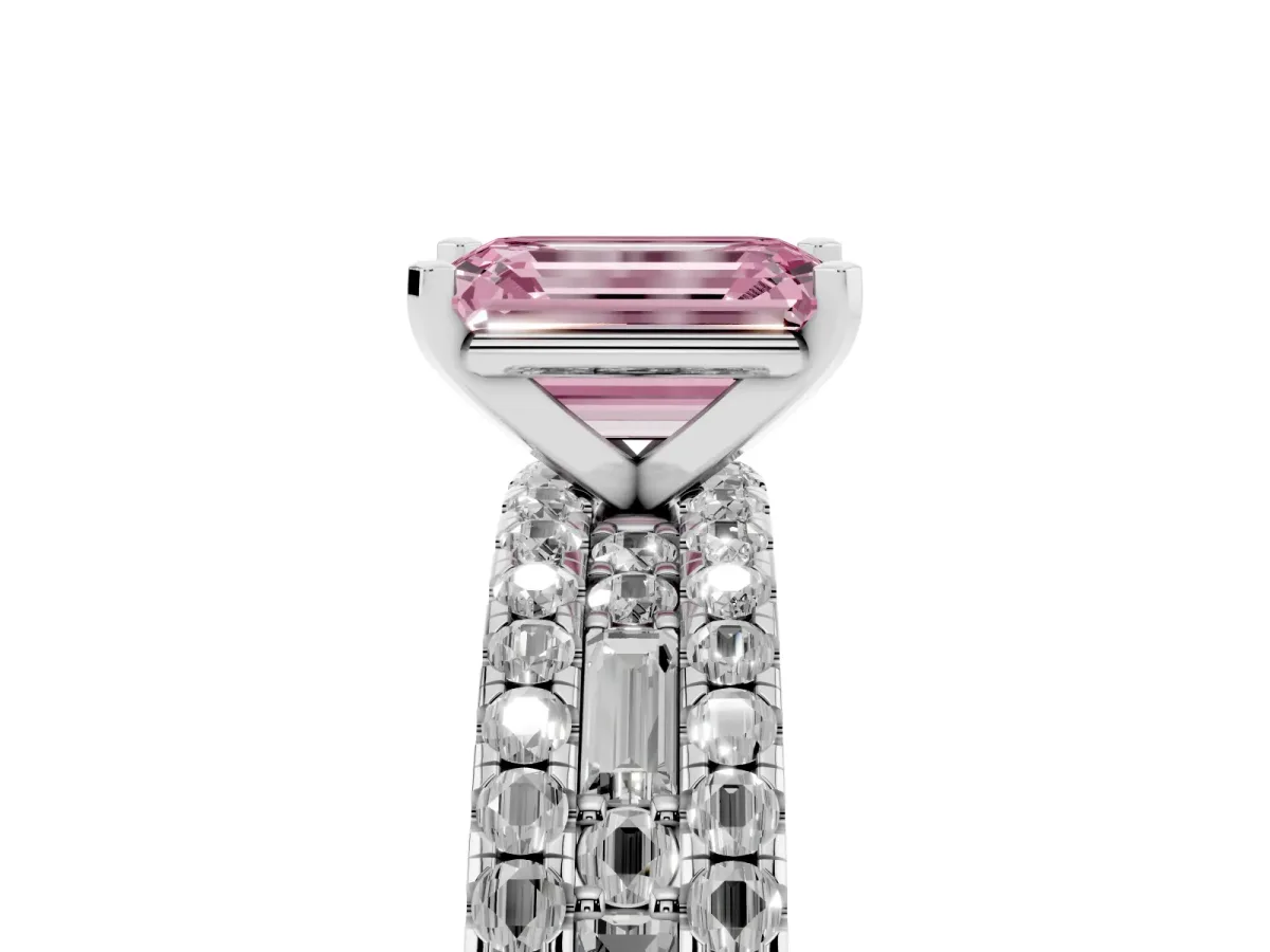 Fancy Pink Emerald Cut Diamond Solitaire Ring with Pavé and Channel Set Band Silver