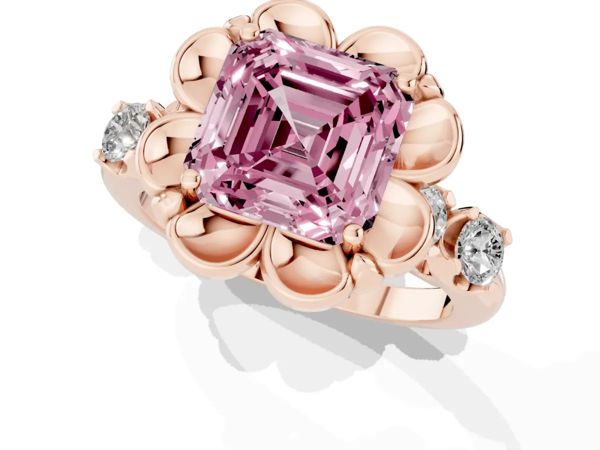 Fancy Pink Asscher Cut Cut Diamond Floral Halo Engagement Ring with Shared Prong Setting Rose gold