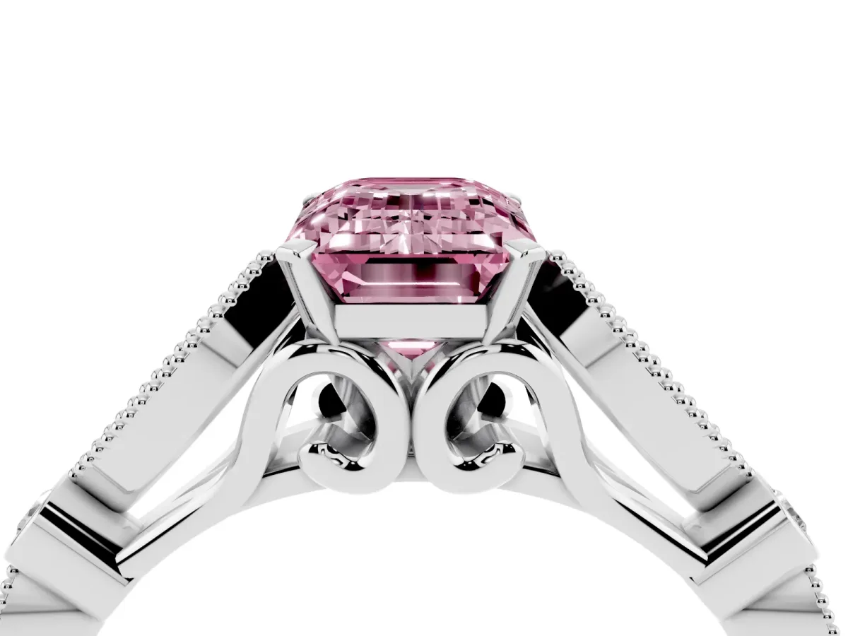 Fancy Pink Emerald Cut Cut Diamond with Milgrain Marquise and Bezel Accents on a Solitaire Band with Prong Setting Silver