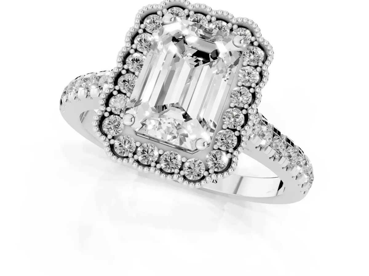 Emerald Cut Cut Diamond Milgrain Floral Halo Engagement Ring with Pavé Band Silver