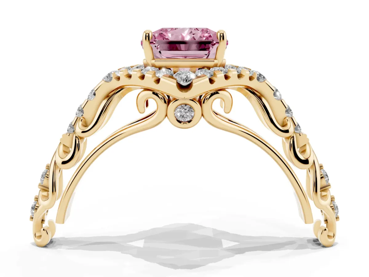 Fancy Pink Radiant Cut Diamond Solitaire Ring with Hidden Halo and Pavé Band Yellow gold