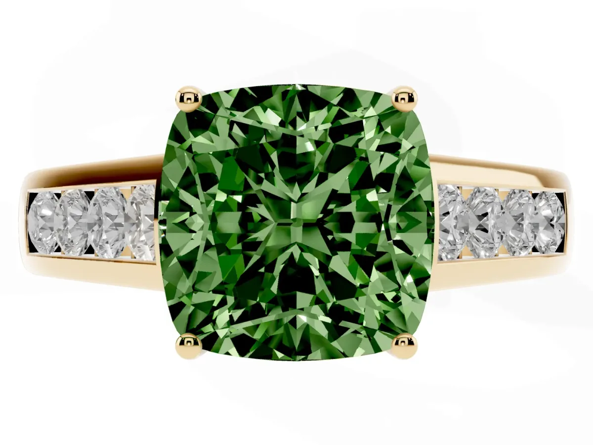 Fancy Green Cushion Cut Solitaire Channel-Set Diamond Engagement Ring with Four-Prong Setting Yellow gold