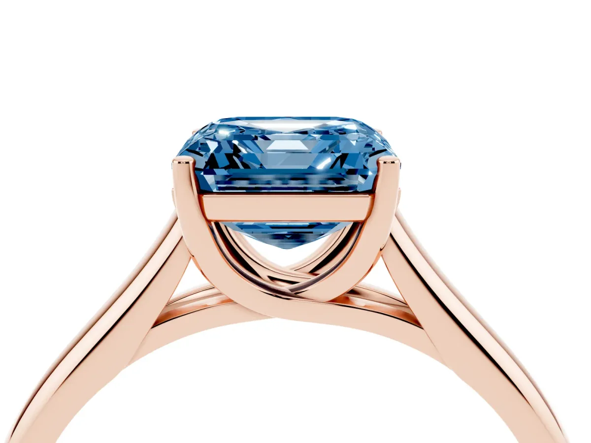 Fancy Blue Asscher Cut Solitaire Engagement Ring with Tapered Band and Four-Prong Setting Rose gold