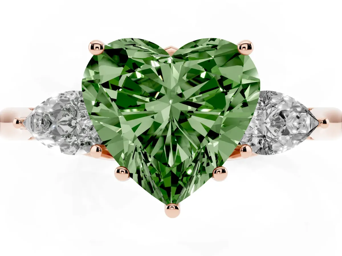 Fancy Green Heart Cut Diamond Three-Stone Ring with Pear Side Stones and Prong Setting Rose gold
