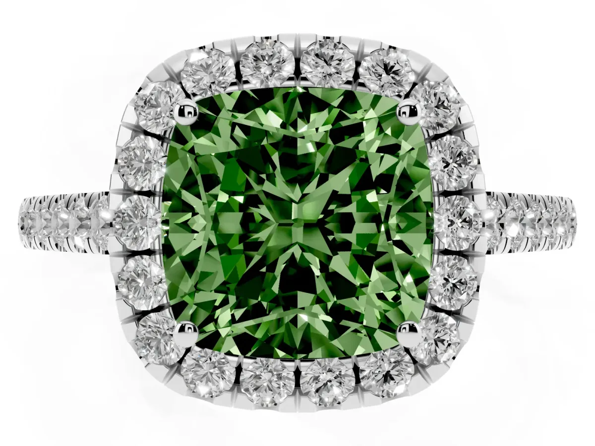 Fancy Green Cushion Cut Halo Pave Diamond Engagement Ring with Four-Prong Setting Platinum
