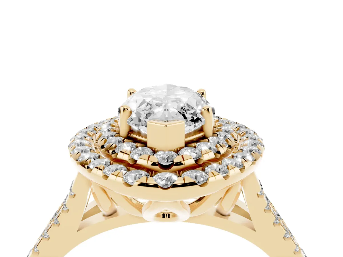Double Halo Marquise Cut Diamond Pavé Split Shank Ring with Prong Setting Yellow gold
