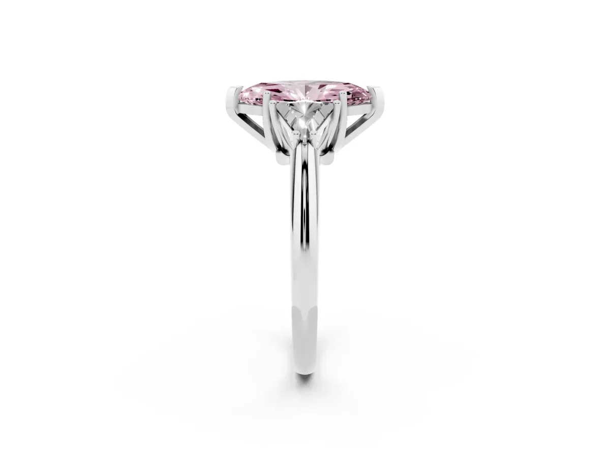 Fancy Pink Three-Stone Marquise Cut Diamond Engagement Ring with Trillion Side Stones and Prong Setting Silver