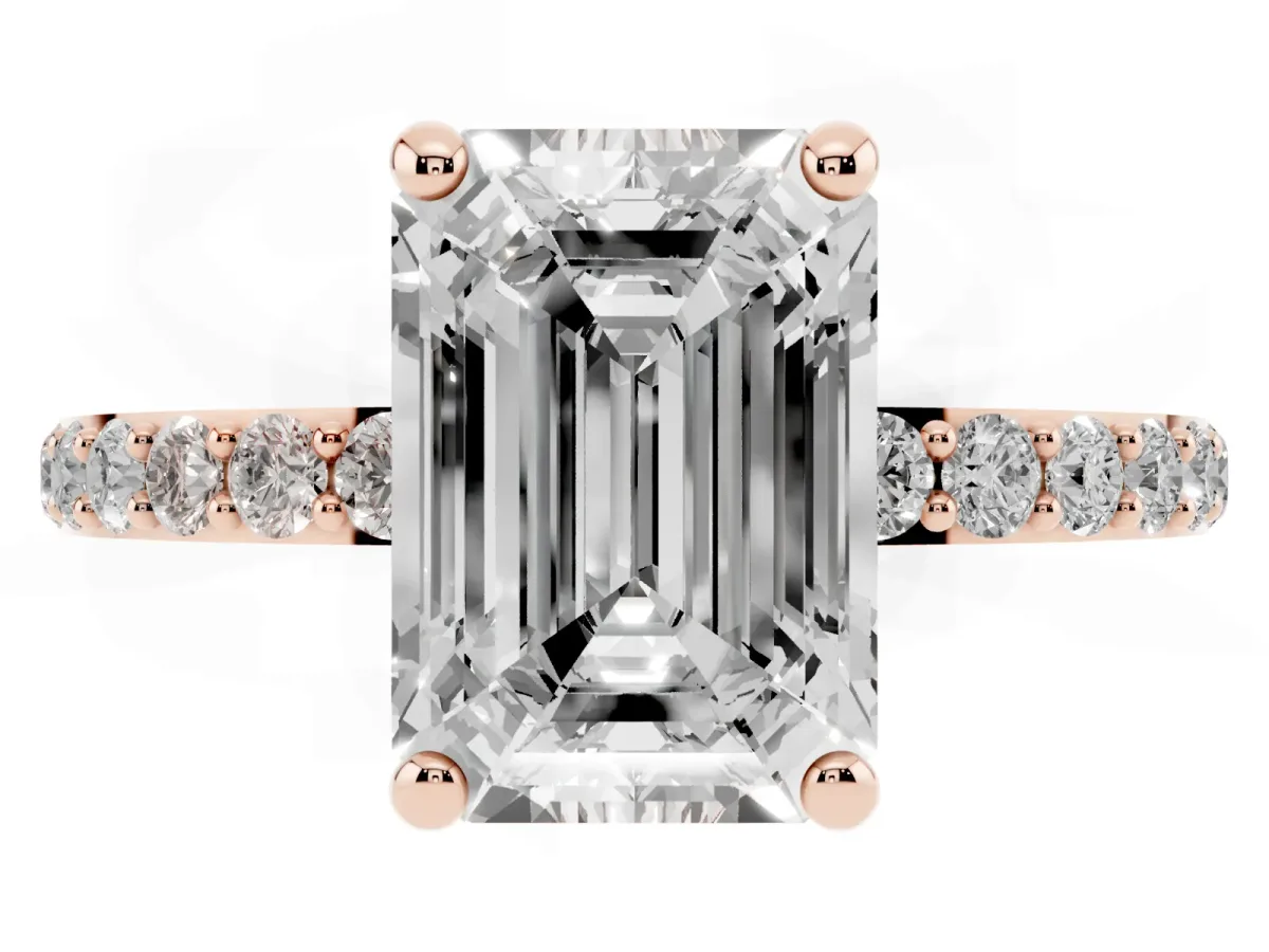 Emerald Cut Diamond Solitaire Ring with Round Pavé Band and Prong Setting Rose gold