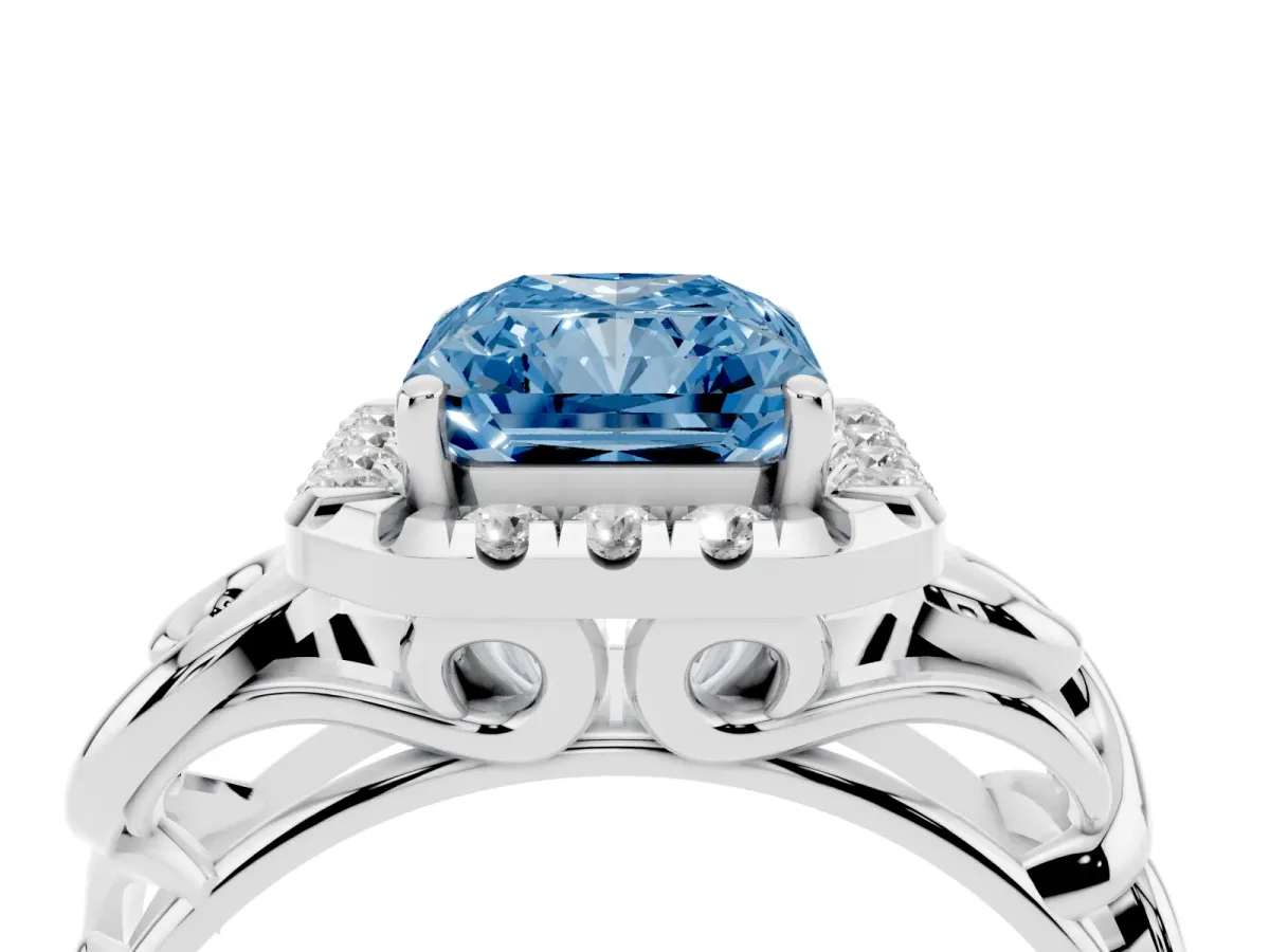 Fancy Blue Radiant Cut Cut Halo Diamond Ring with Scrollwork Band and Four-Prong Setting Silver