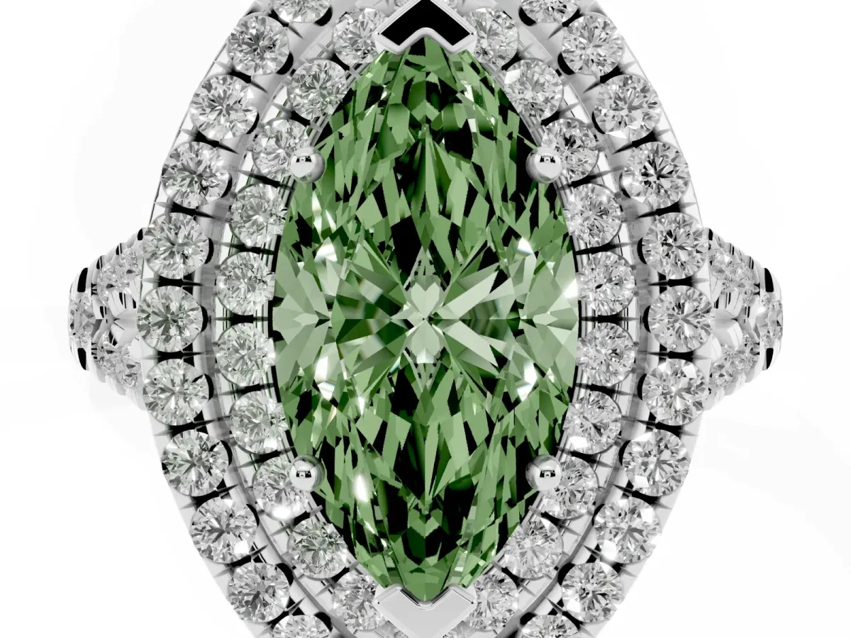 Fancy Green Double Halo Marquise Cut Diamond Pavé Split Shank Ring with Prong Setting Platinum