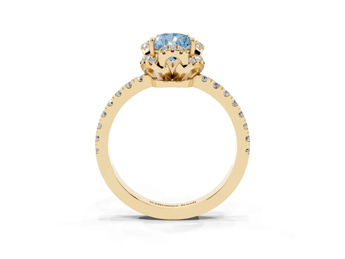 Fancy Blue Pear Cut Halo Diamond Pave Band Ring with Four-Prong Setting Yellow gold