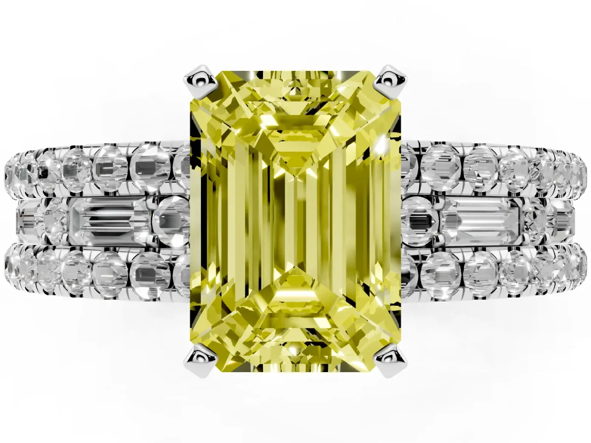 Fancy Yellow Emerald Cut Diamond Solitaire Ring with Pavé and Channel Set Band Silver
