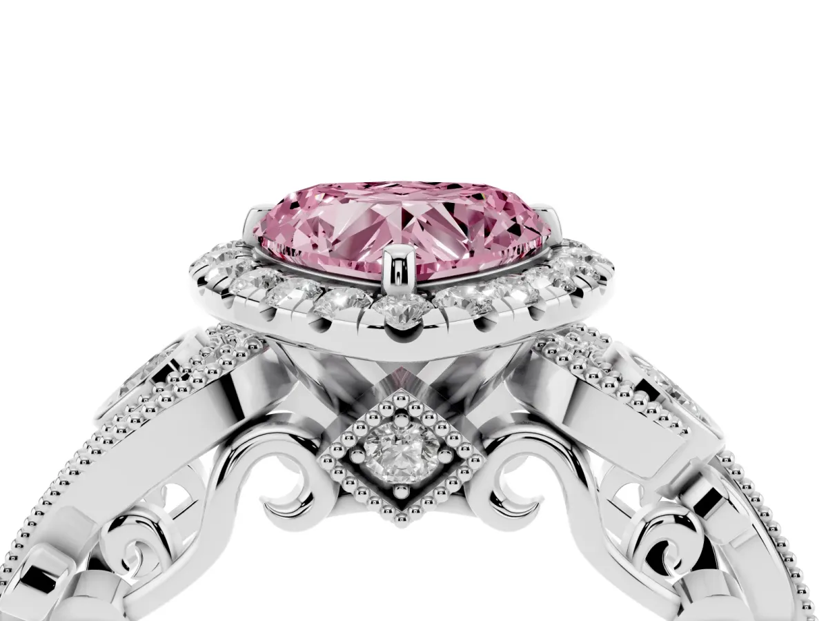 Fancy Pink Heart Cut Halo Diamond Ring with Milgrain and Bezel Accents on a Split Shank Band Platinum