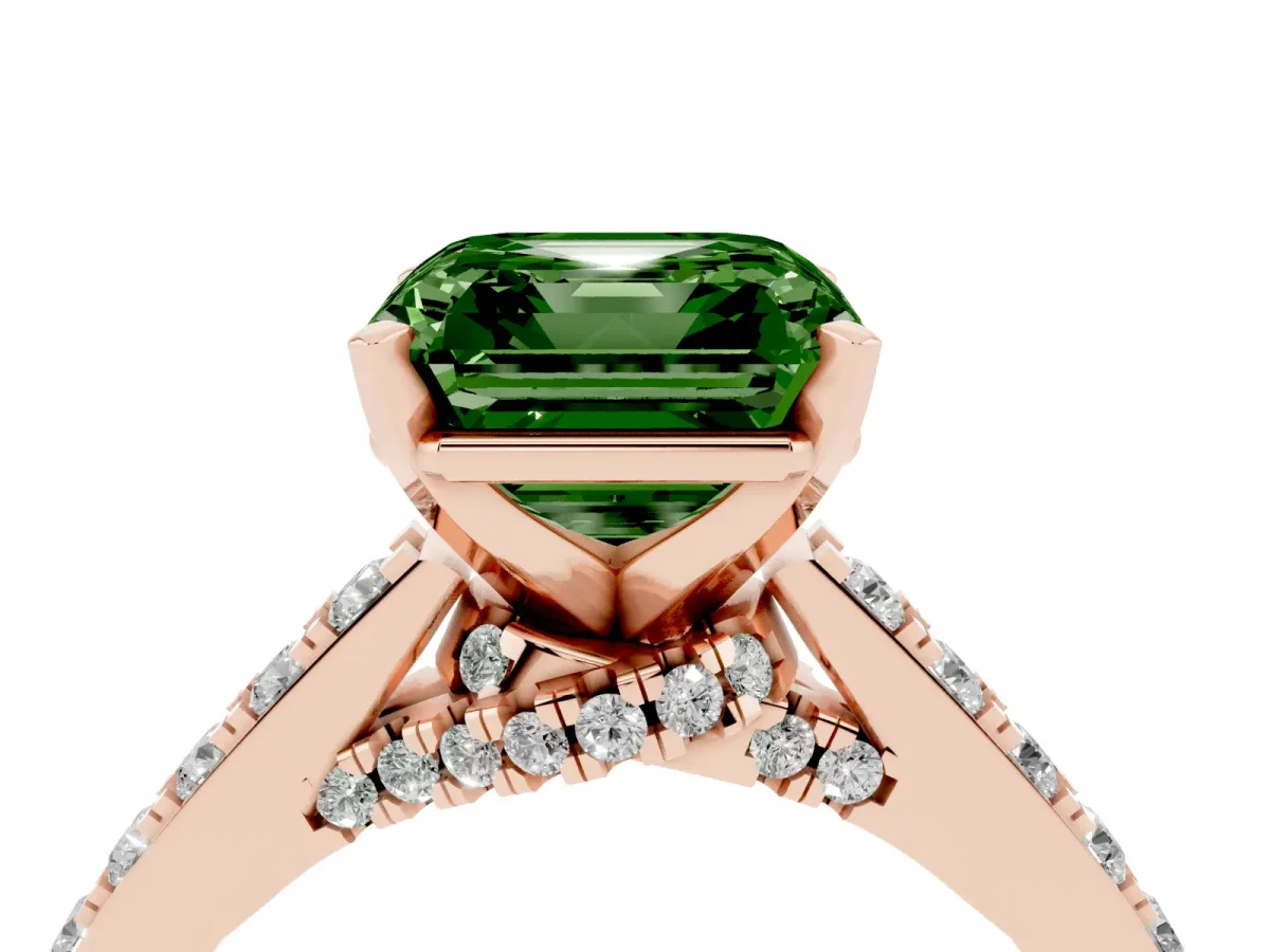 Fancy Green Asscher Cut Diamond Solitaire Ring with Crossover Gallery and Round Pavé Band Rose gold