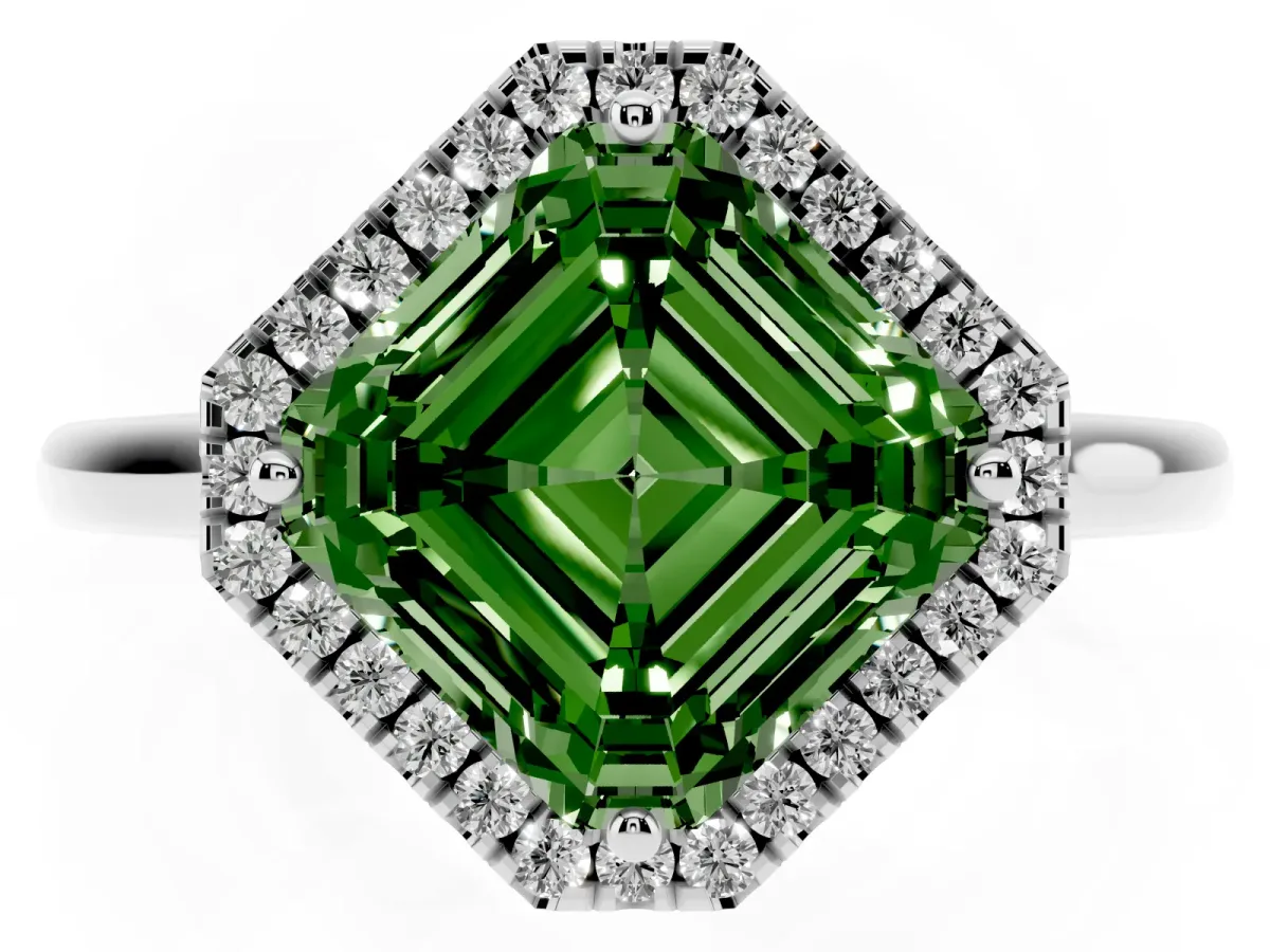 Fancy Green Asscher Cut Halo Round Diamond Solitaire Engagement Ring with Pave Band and Four-Prong Setting White gold
