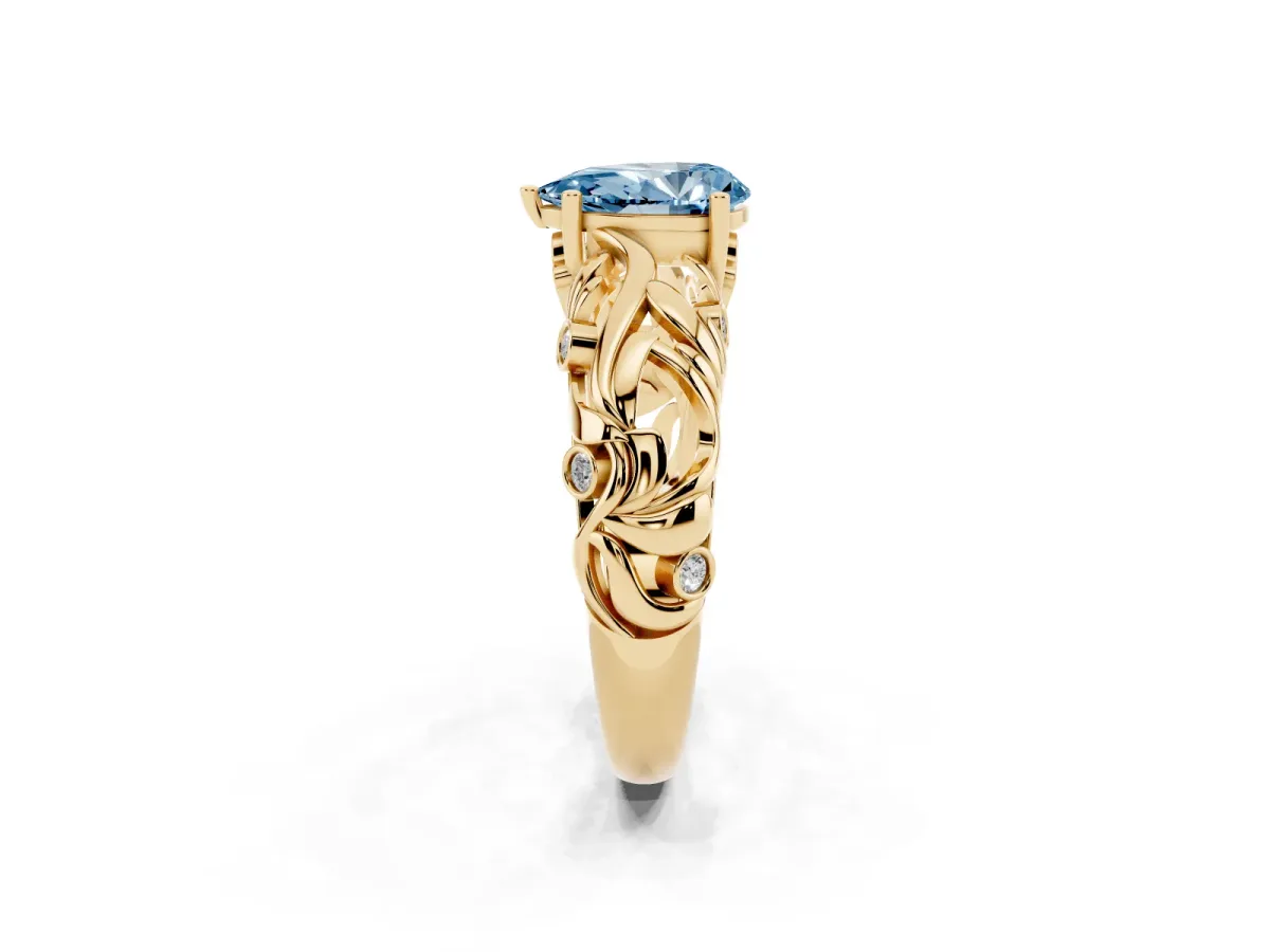 Fancy Blue Pear Cut Solitaire Diamond Leaf-Inspired Vine Band Ring with Prong Setting Yellow gold