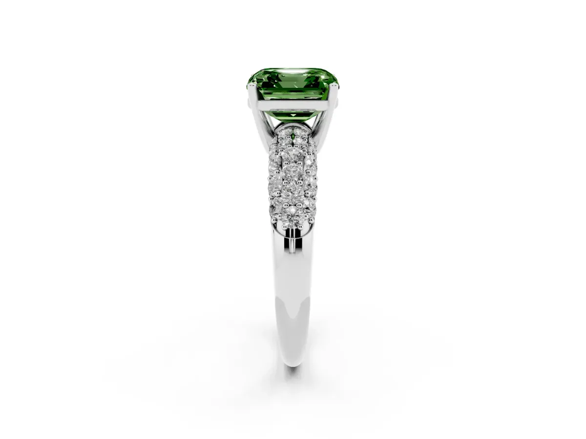 Fancy Green Asscher Cut Diamond Pavé Band Solitaire Ring with Four-Prong Setting Silver