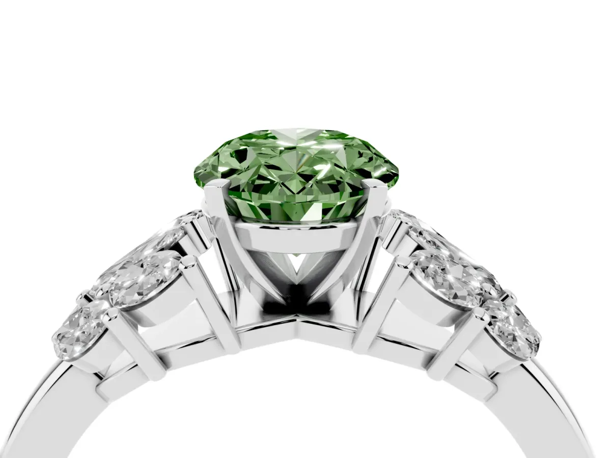 Fancy Green Oval Cut Diamond Cluster Leaf Design Ring with Prong Setting Platinum