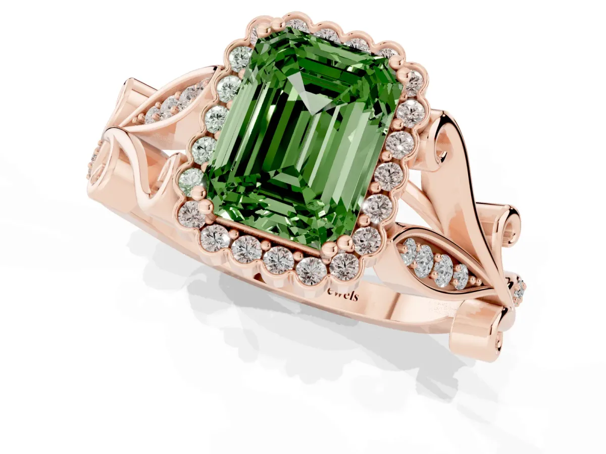Fancy Green Emerald Cut Diamond Halo Ring with Vintage Split Shank and Four-Prong Setting Rose gold