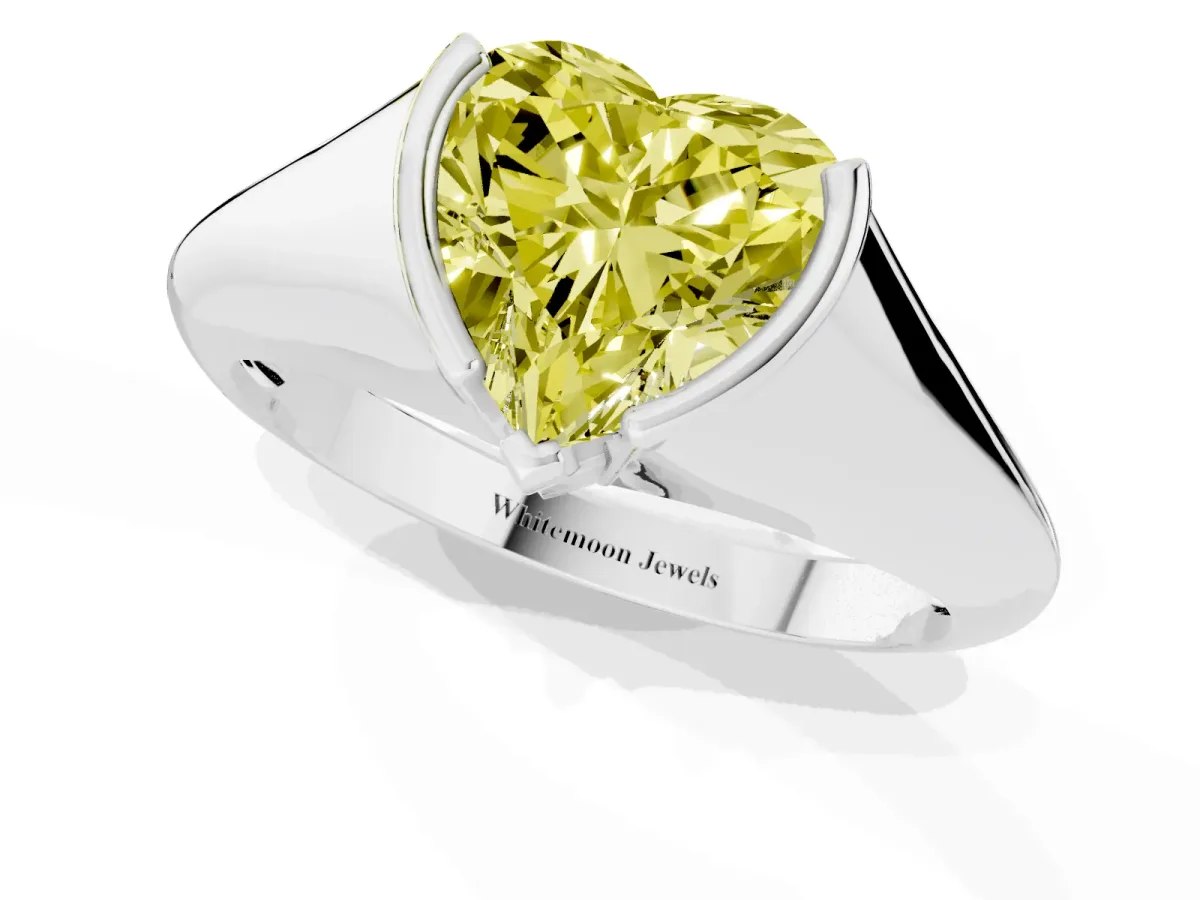 Fancy Yellow Heart Cut Solitaire Tension Set Diamond Ring Silver