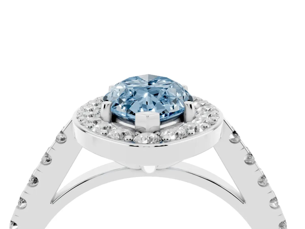 Fancy Blue Marquise Cut Diamond Halo Ring with Round Pavé Split Shank and Prong Setting Silver