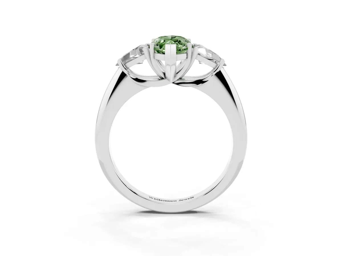 Fancy Green Three-Stone Marquise Cut Diamond Engagement Ring with Trillion Side Stones and Prong Setting White gold