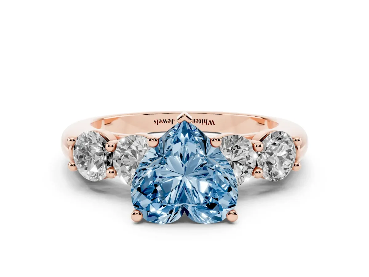 Fancy Blue Heart Cut Cut Five-Stone Prong Set Diamond Ring with Classic Band Rose gold