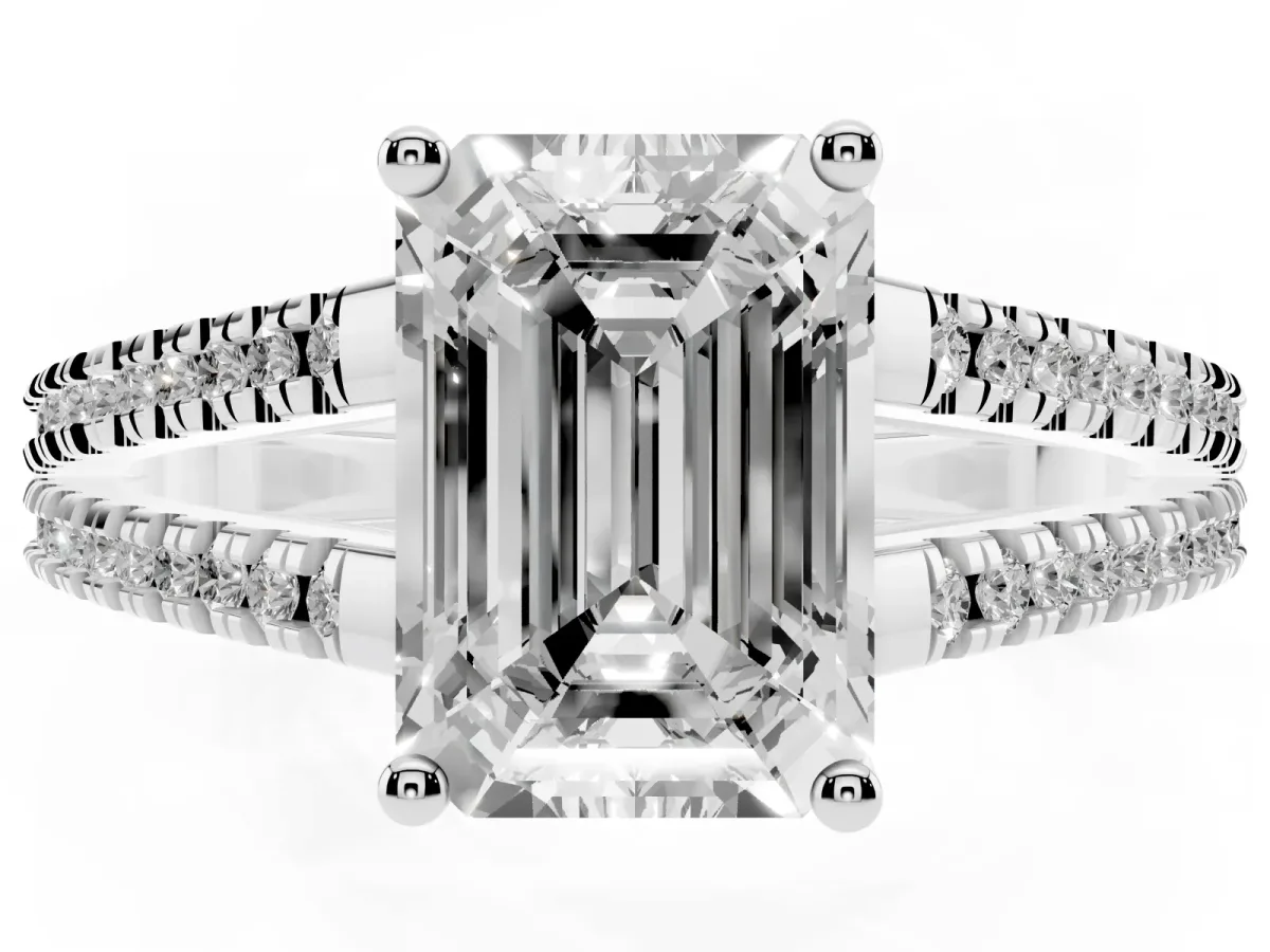 Emerald Cut Diamond Solitaire Engagement Ring with Split Shank Pavé Band Platinum