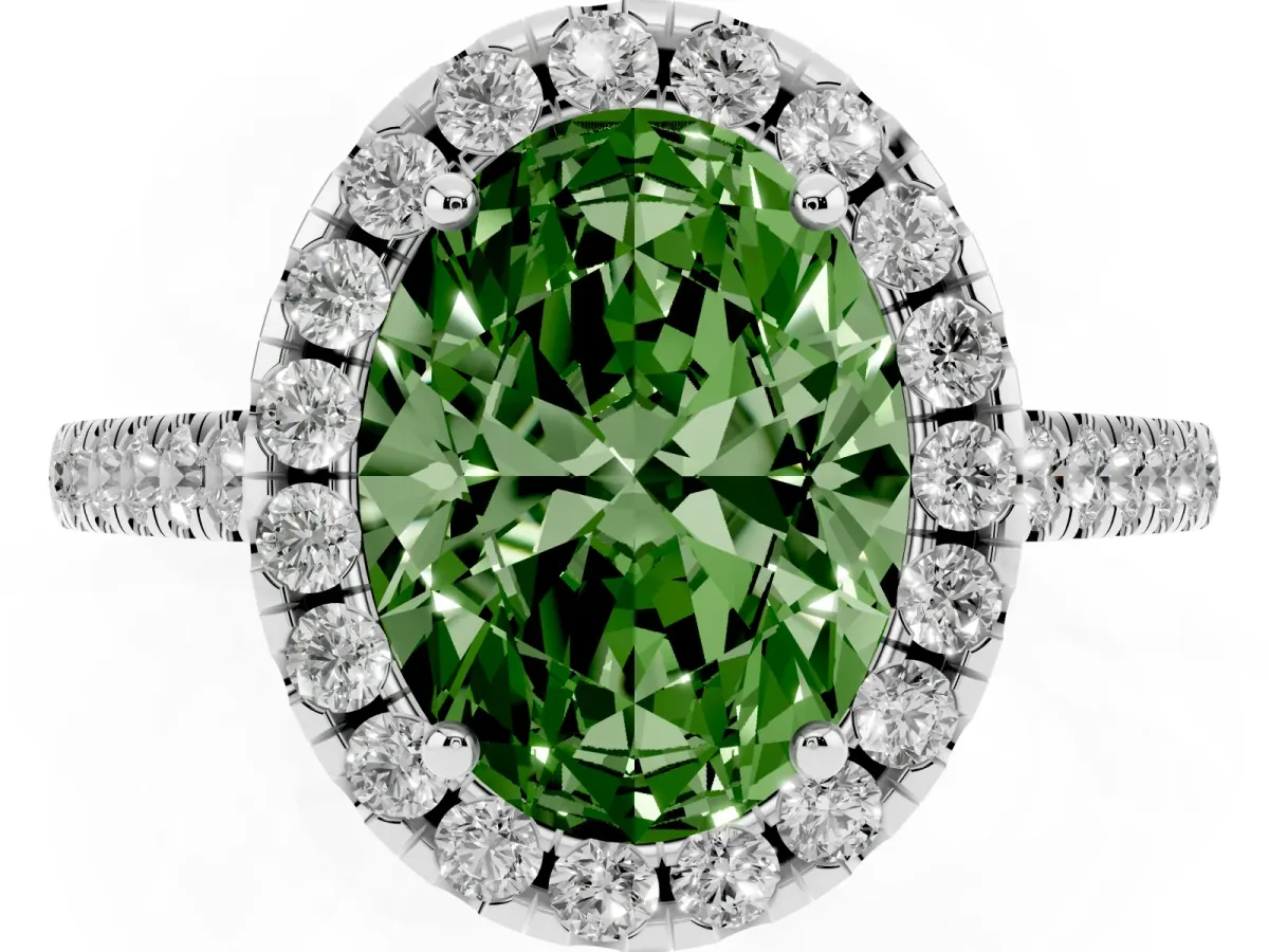 Fancy Green Oval Cut Halo Pavé Diamond Engagement Ring with Four-Prong Setting Silver