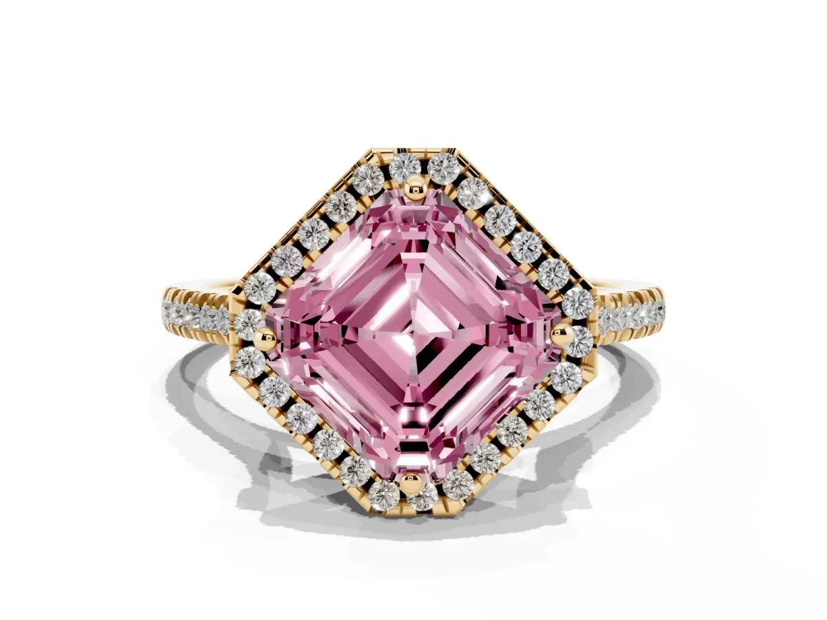 Fancy Pink Asscher Cut Diamond Cushion Halo Ring with Pavé Band Yellow gold