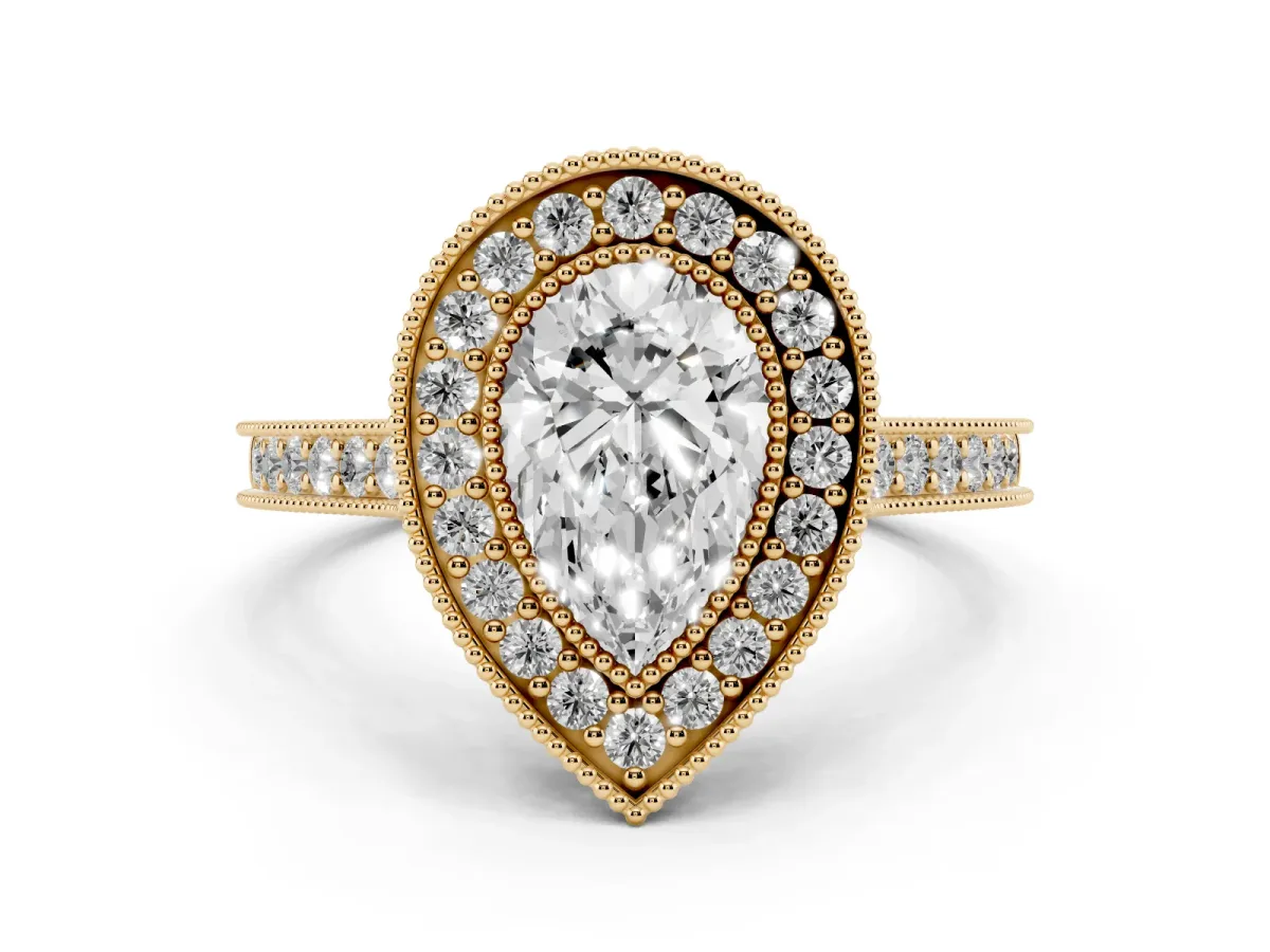 Halo Pear Cut-Cut Diamond Pave Band Milgrain Prong Setting Ring Yellow gold