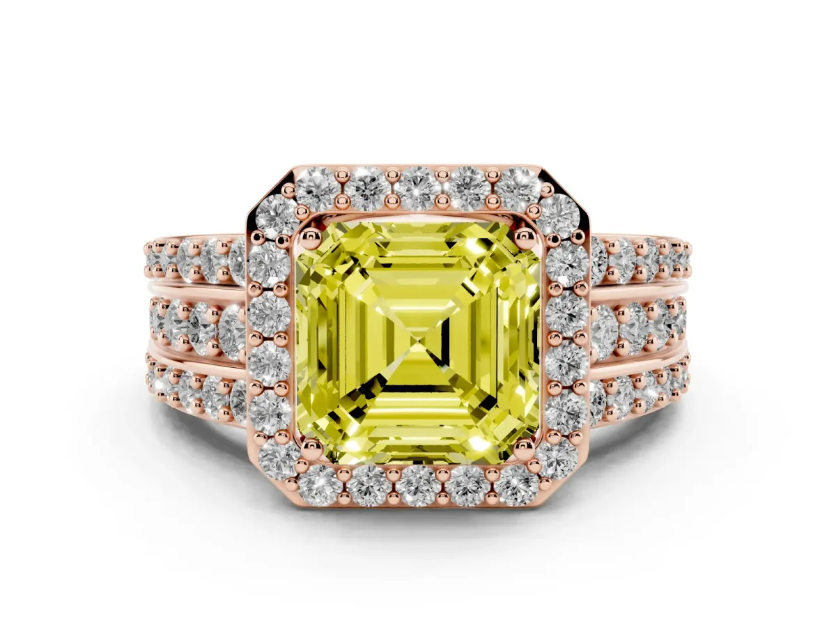 Fancy Yellow Asscher Cut Halo Diamond Ring with Round Split Shank and Prong Setting Rose gold