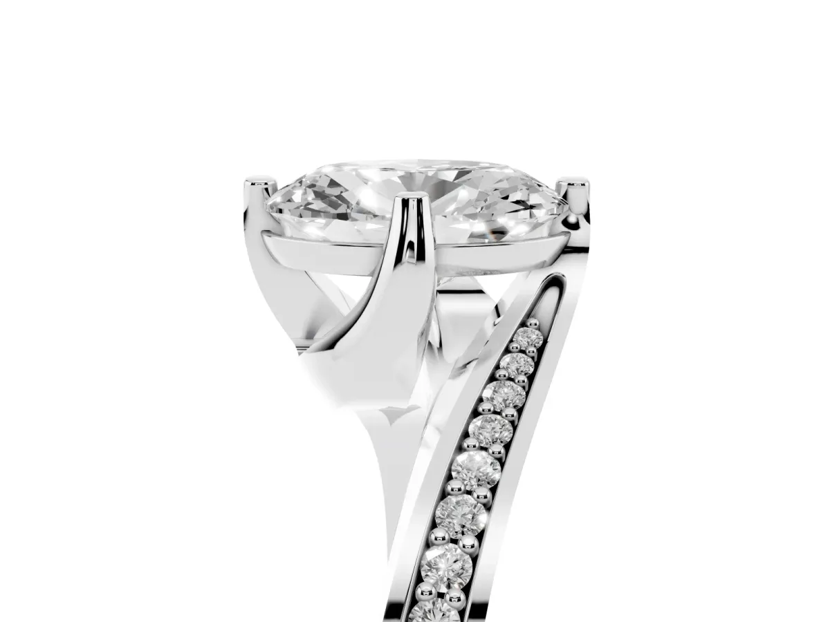 Oval Cut Solitaire Diamond Twist Band with Pavé Setting and Four-Prong Setting Silver