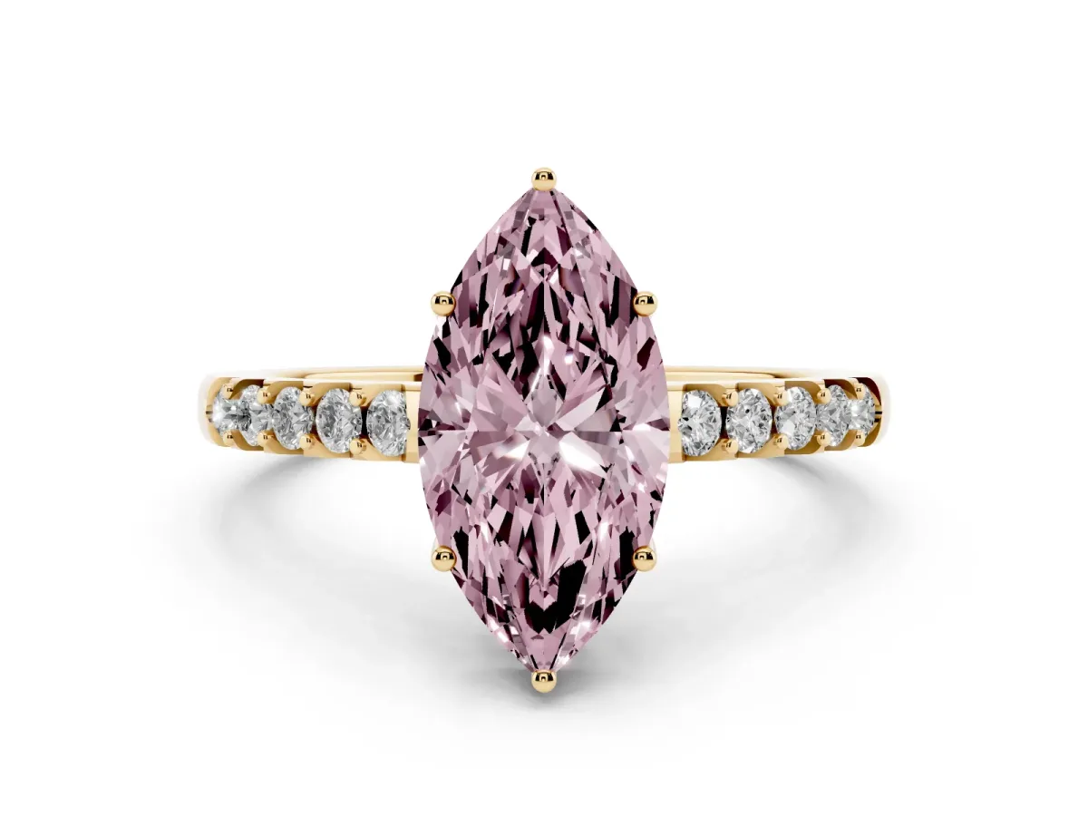 Fancy Pink Marquise Cut Solitaire Diamond Engagement Ring with Pavé Band and Six-Prong Setting Yellow gold