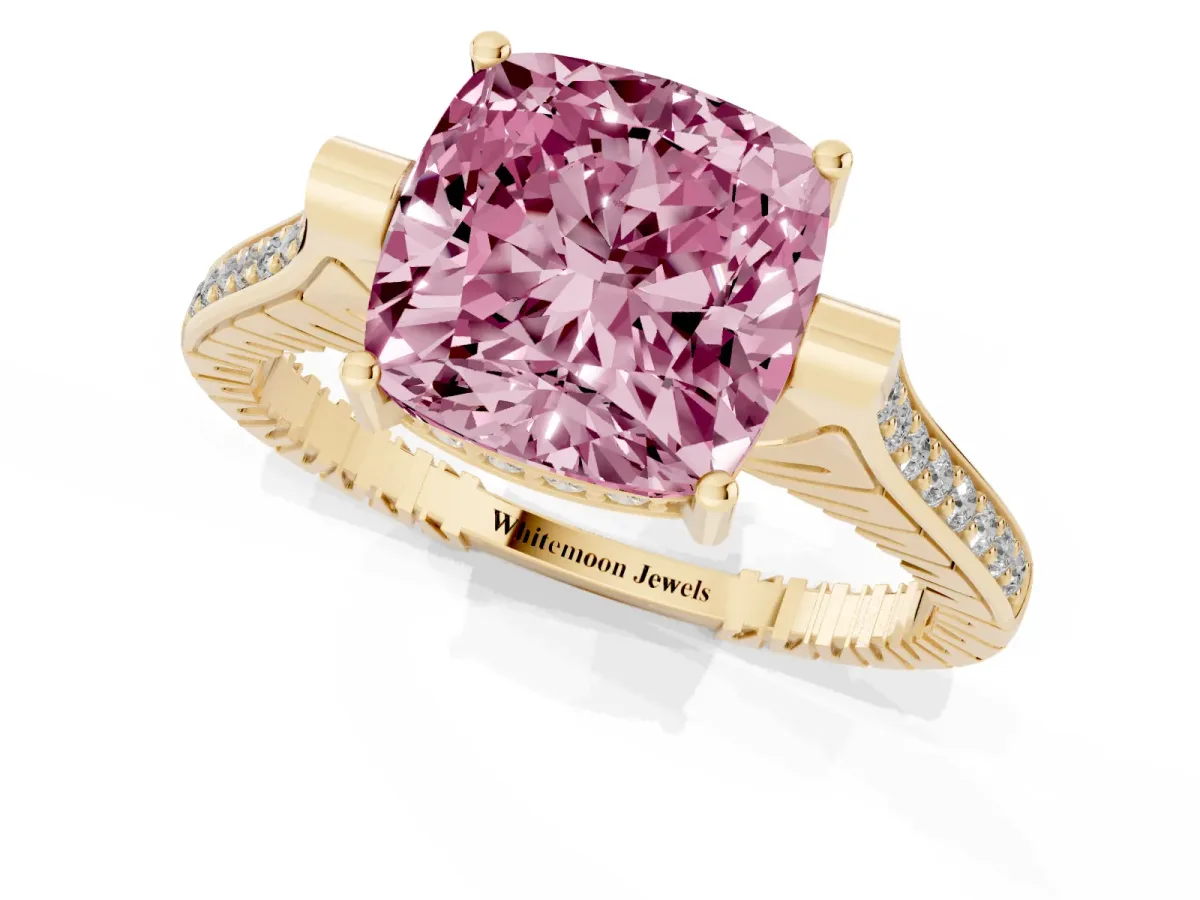 Fancy Pink Cushion Cut Solitaire Diamond Ring with Channel Set Band and Bezel Prong Setting Yellow gold