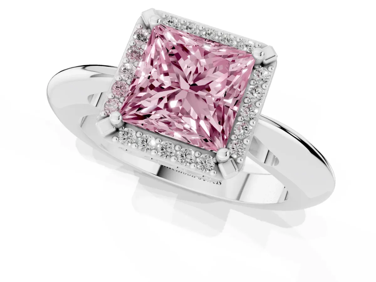 Fancy Pink Princess Cut Cut Diamond Halo Engagement Ring with Split Shank and Four-Prong Setting Silver