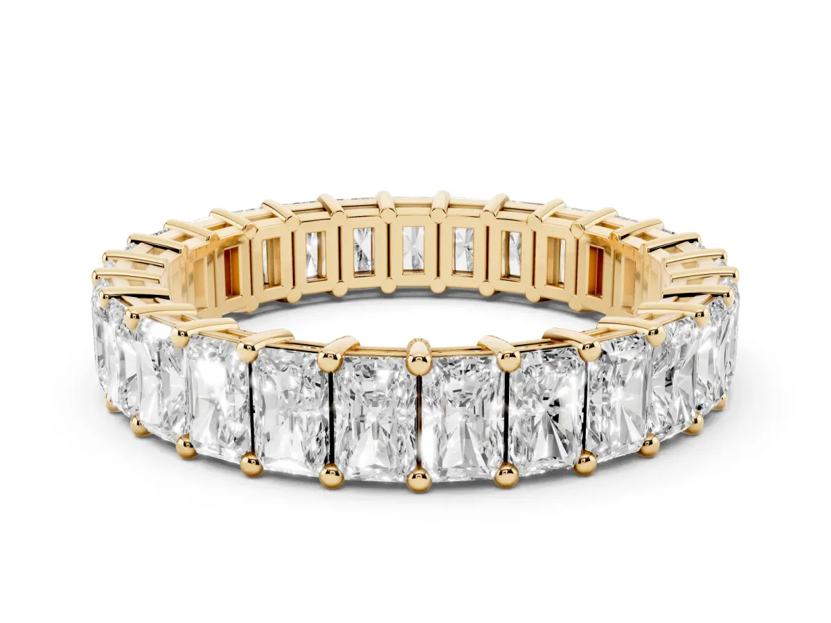 radiant Cut eternity band with shared prong setting Yellow gold