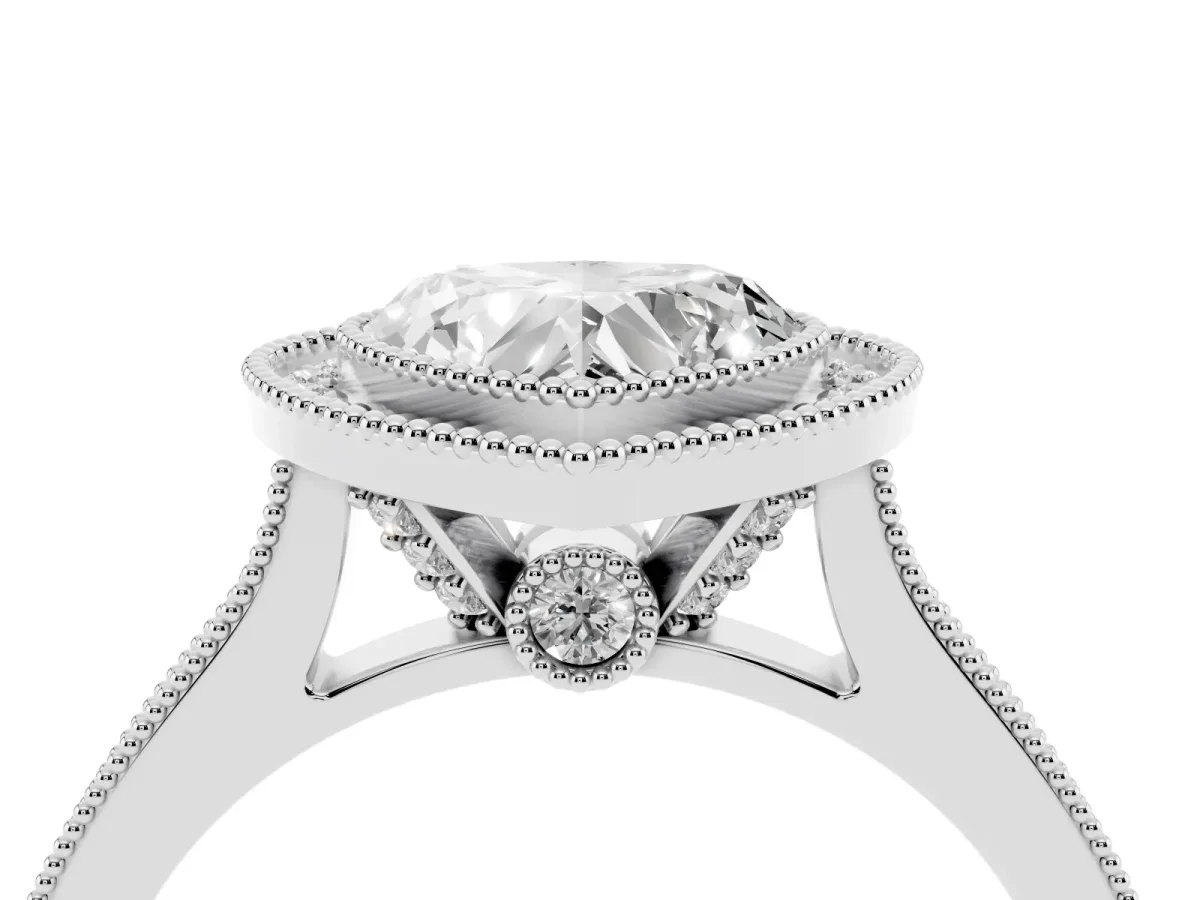 Halo Heart Cut-Cut Diamond Pave Band Milgrain Prong Setting Ring Silver