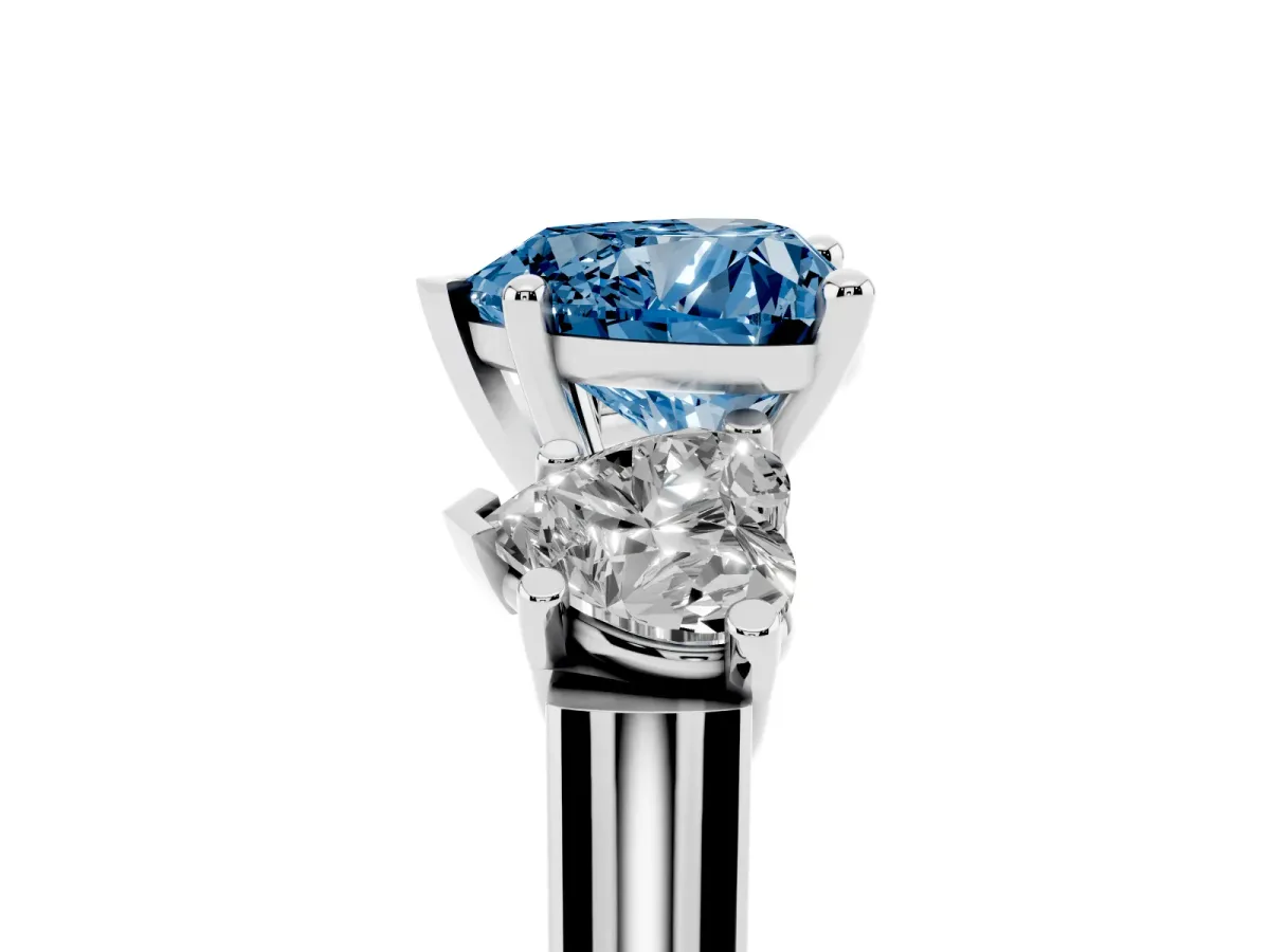 Fancy Blue Three-Stone Heart Cut Brilliant Diamond Trellis Ring with Comfort Fit Band Silver