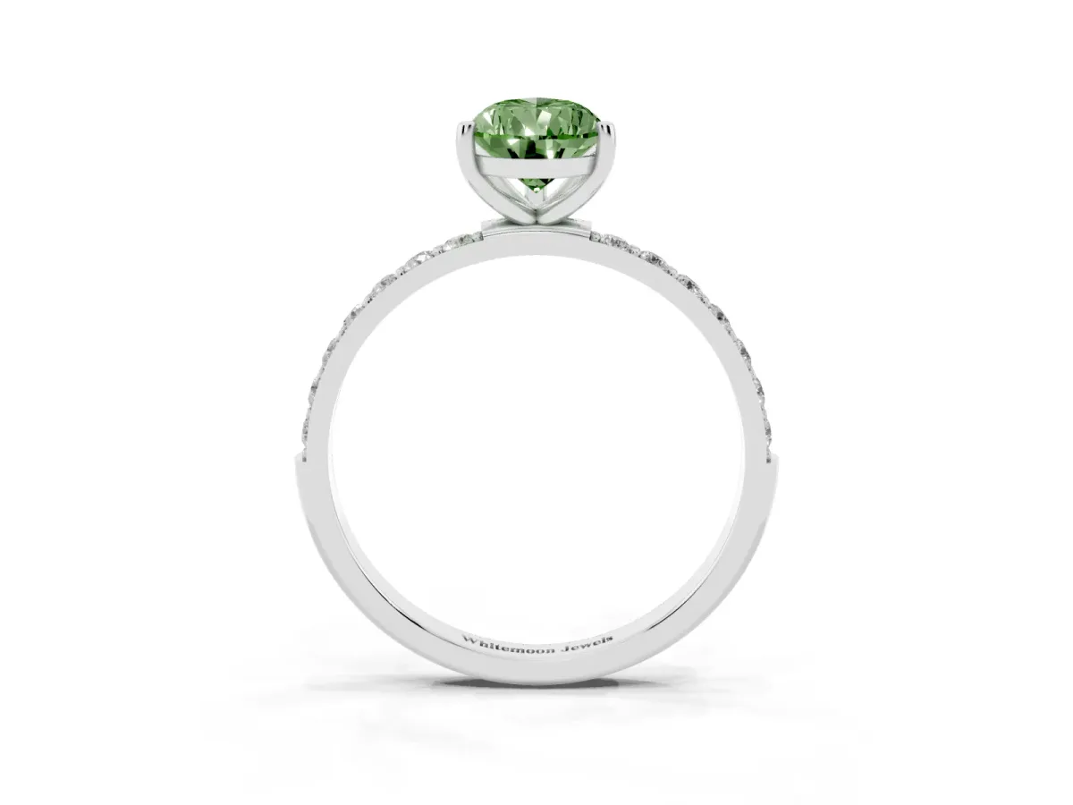 Fancy Green Pear Cut Diamond Solitaire Ring with Round Pavé Shoulders and Prong Setting Silver
