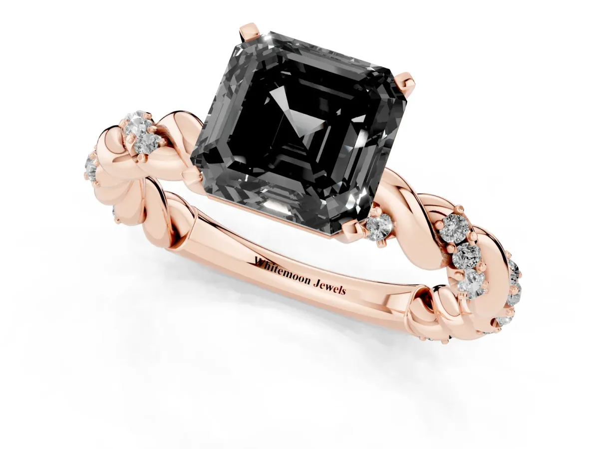Fancy Black Asscher Cut Diamond Solitaire Ring with Twisted Band and Pavé Accents Rose gold