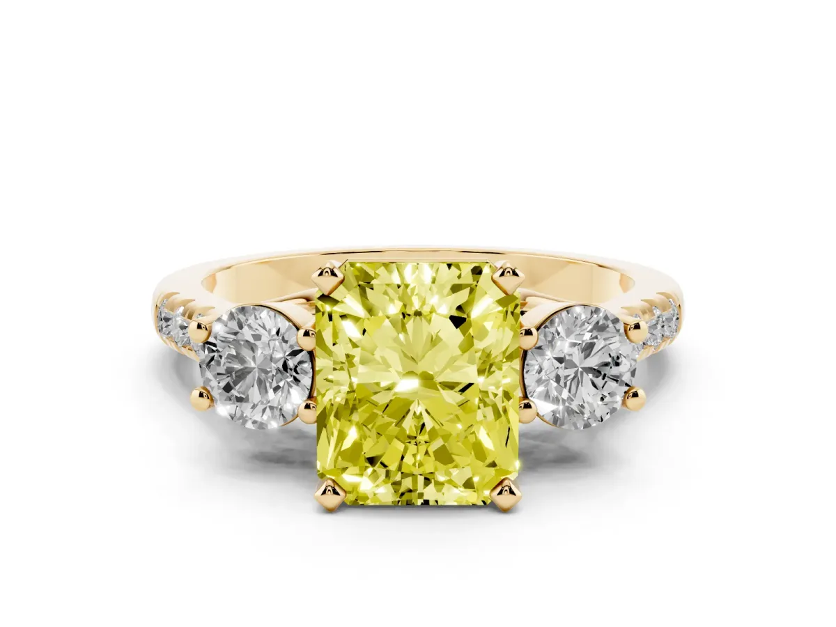 Fancy Yellow Three-Stone Radiant Cut Diamond Pavé Band with Four-Prong Setting Yellow gold