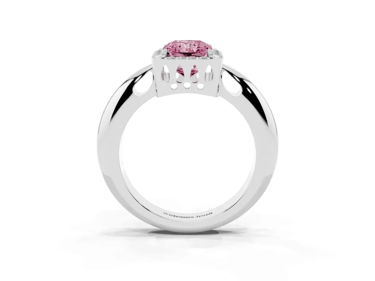 Fancy Pink Radiant Cut Cut Diamond Halo Engagement Ring with Split Shank and Four-Prong Setting Silver