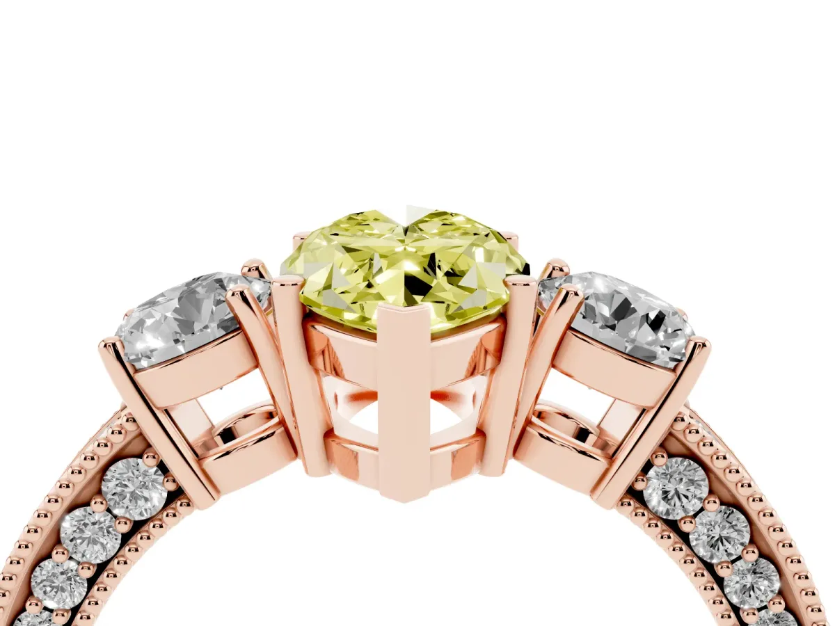 Fancy Yellow Marquise Cut Three-Stone Diamond Ring with Pavé Band and Four-Prong Setting Rose gold